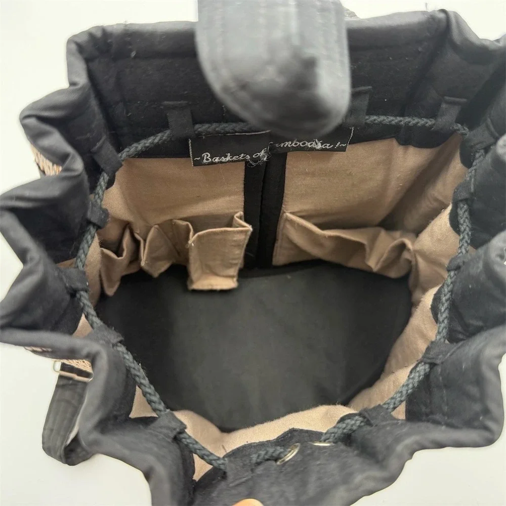 Baskets of Cambodia Woven Drawstring Backpack Purse Tan Black Trim Medium‎